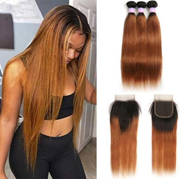 

human hair bulks t1b30 ombre brown bundles with closure 4x4 straight weave brazilian remy kemy hairhuman1139759, Black