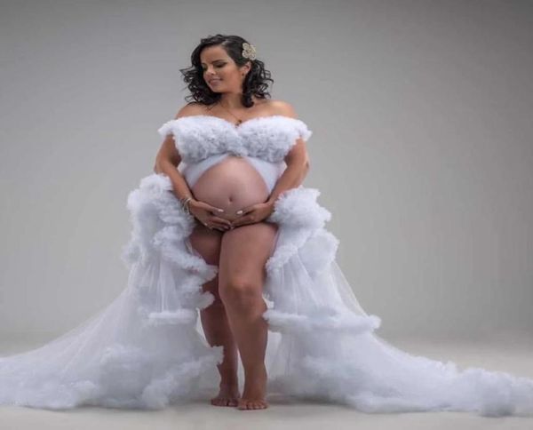 

elegant sleepwear white puffy tulle pregnancy dress plus size with high split cap sleeves ruffles fluffy bridal maternity dresses7728749