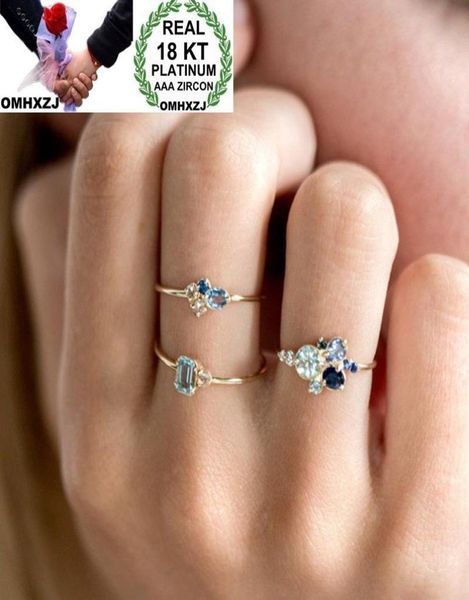 

omhxzj whole european three stone rings fashion woman girl party wedding gift slim gold blue zircon 18kt yellow gold ring set 6473281, Golden;silver