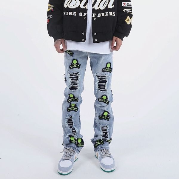 

men's jeans goth skull embroidery ripped jeans for men high street vintage hip hop skinny jeans men clothing casual mens jeans pants 23, Blue