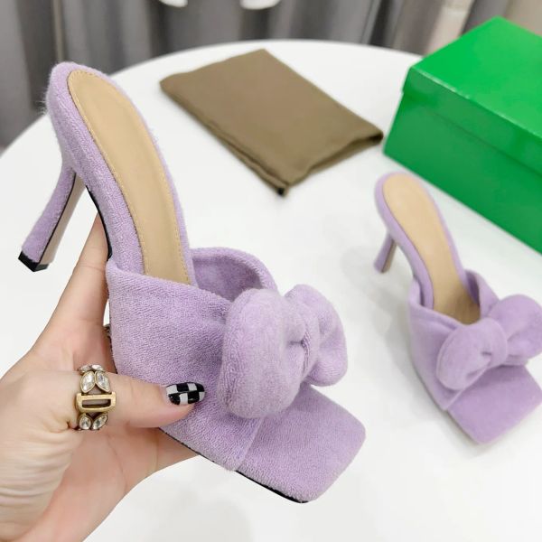 

2023 Women Lido Designer Sandals Square Mules Suede Bowknot Sandal Ladies Wedding High Heels Dress Shoes Size 35-42