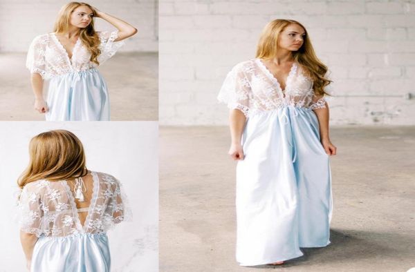 

new fashion bridal gowns women robes wedding dresses illusion lace long sleeve appliques satin nightdress nightgown sleepwear2808250, White