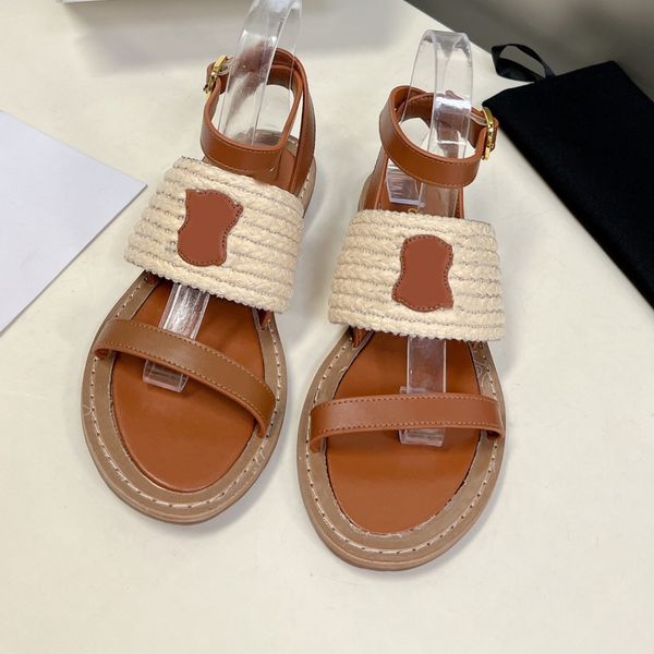 

35-40 sizes triomphe sandal calfskin calfskin canvas straw slingbacks designer sandals flat slides straptextile jacquard slippers women summ, Black