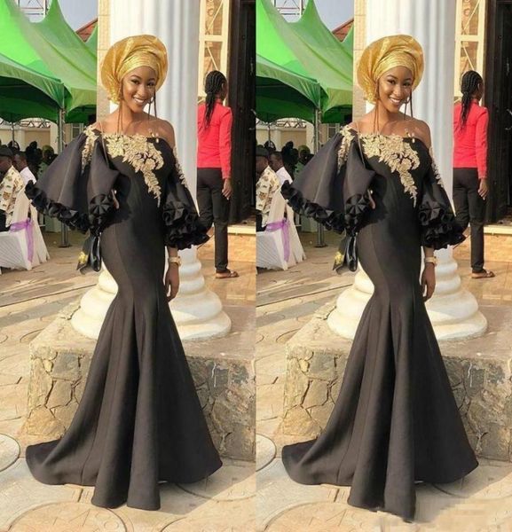 

black mermaid prom dress long sleeve off shoulder golden applique satin ruffle dubai party evening wear plus size formal dres2571396