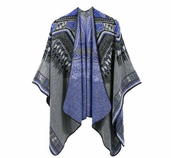 

new women winter ethnic abstract pattern thickened coat cape wrap poncho shawl scarf split dualuse shawl drop8637999, Blue;gray