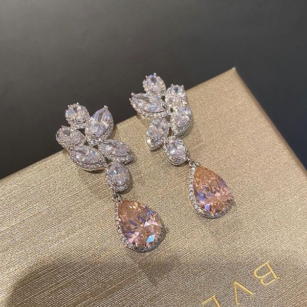 

knot pink cz crystal z bridal wedding long big teardrop earrings vintage jewelry for women brides gift, Silver