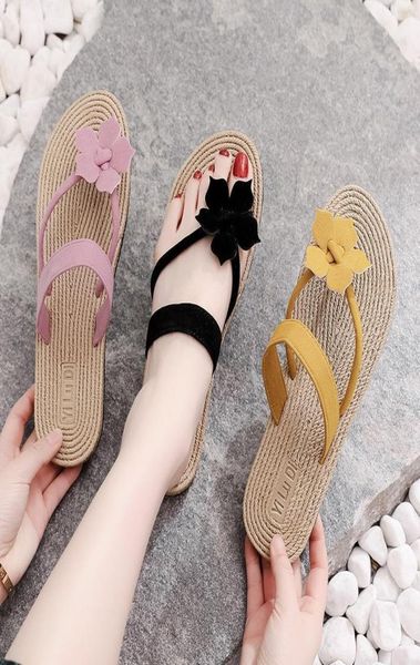 

2020 women straw weaving flats slippers women039s flower flip flops female flat heel korean wave outside beach shoes toe clampi1811999, Black