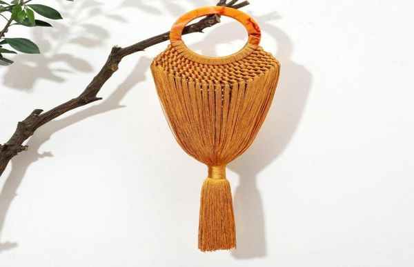 

evening bags niche design holiday style handwoven day cotton rope clutch acrylic handle solid color portable tassel handbagevenin5001090