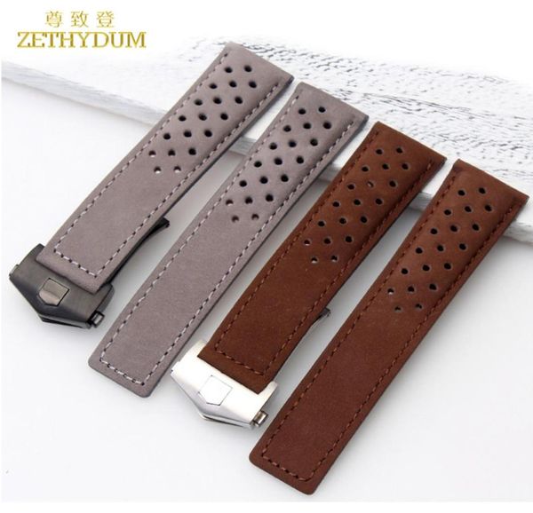 

genuine leather bracelet 22mm watchband watch strap for wrist watches brown gray breathable watch band accessories fold buckle8407808, Black;brown