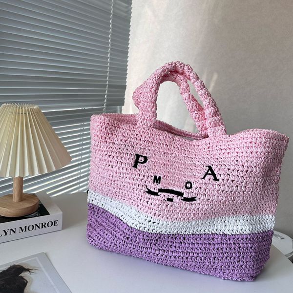 

woman fashion beach tote hollow out straw handbags oversize shopping bag summer rainbow stripes crochet shoulder bag with embroid letter