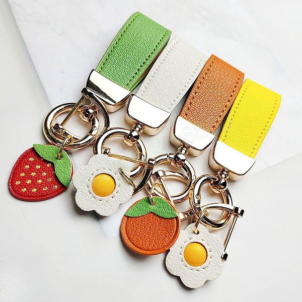 

luxury pu leather lanyard keychain men women small fresh fruit buckle car key ring holder jewelry, Silver