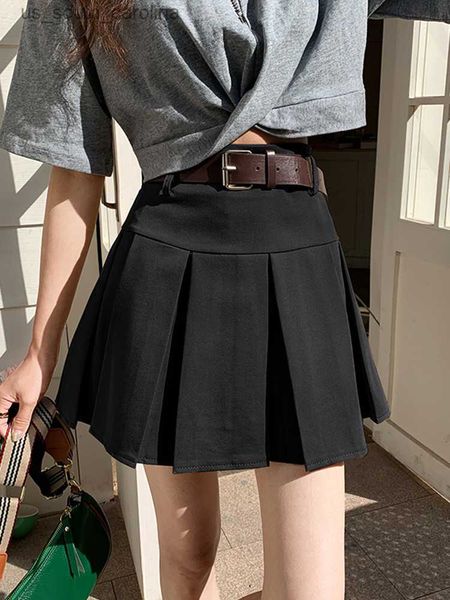 

skirts high waist women skirt summer harajuku solid casual mini short skirt ladies vintage slim a-line pleated skirts belt female l230522, Black