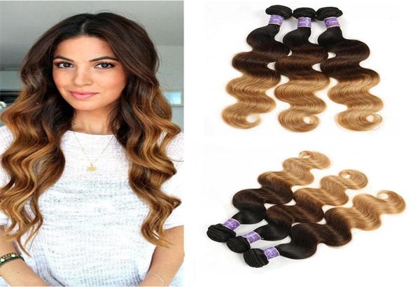

brazilian colored virgin human hair weaves body wave bundles ombre three tone brazilian 1b427 dark brown human hair extensions7391235, Black