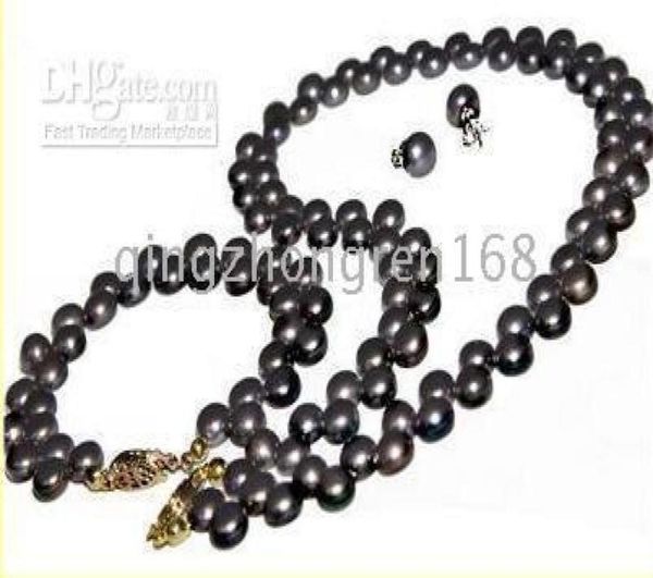 

new fine pearl jewelry charming 89mm black fresh water pearl necklace set3696826