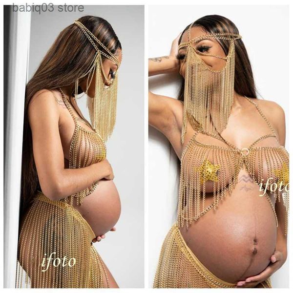 

maternity dresses creative tassel dress body chain mask maternity pgraphy props head trim exaggerated bra skirt pregnancy woman shooting t23, White