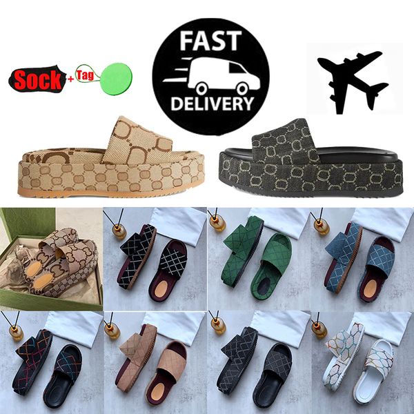 

2023 womens fashion slippers embroidered canvas designer slides slip on slipper girls 60mm slipper covered platform sandals size 35-45, Black