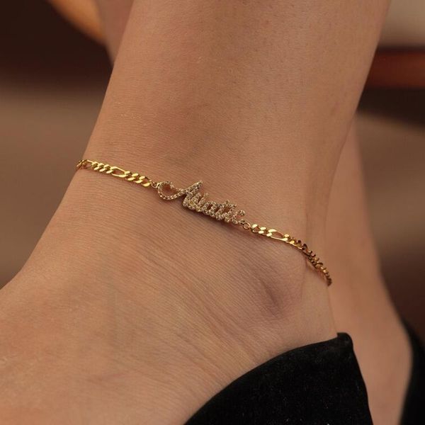 

clips nokmit 3a zircon custom name/number anklet women foot jewelry women cuban chain symbol letter ankle bracelet crystal letter 21cm, Black