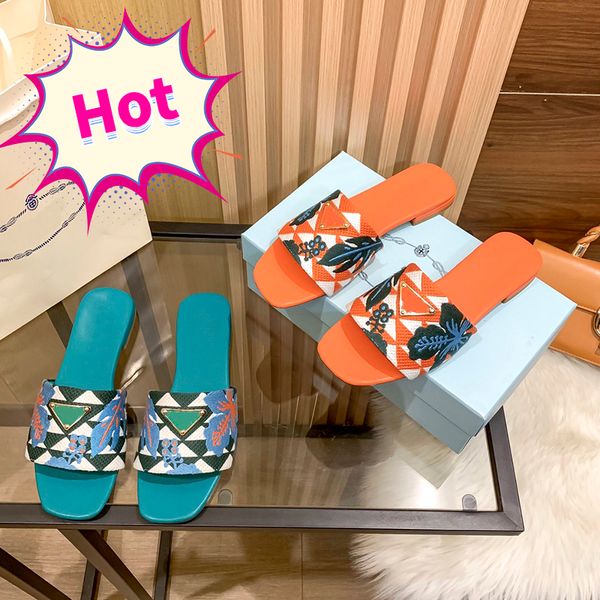 

women slippers designer embroidered fabric slides sandals low heel flat slide black beige multicolor embossed mules leather summer slipper w