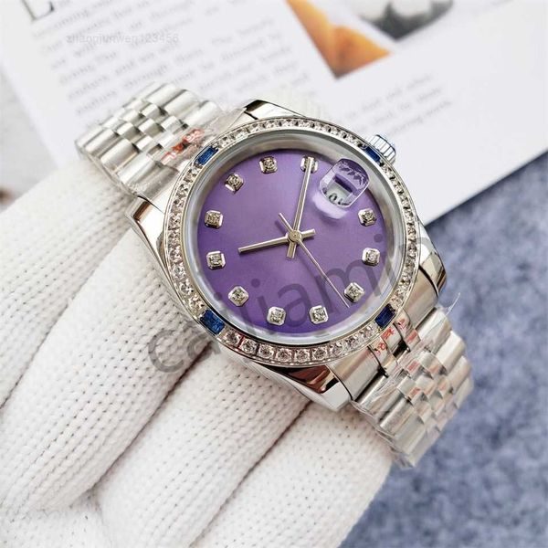 

women watch for women diamond watch automatic watch purple dial movement calendar wristwatch 36 mm stainless steel strap, Slivery;black