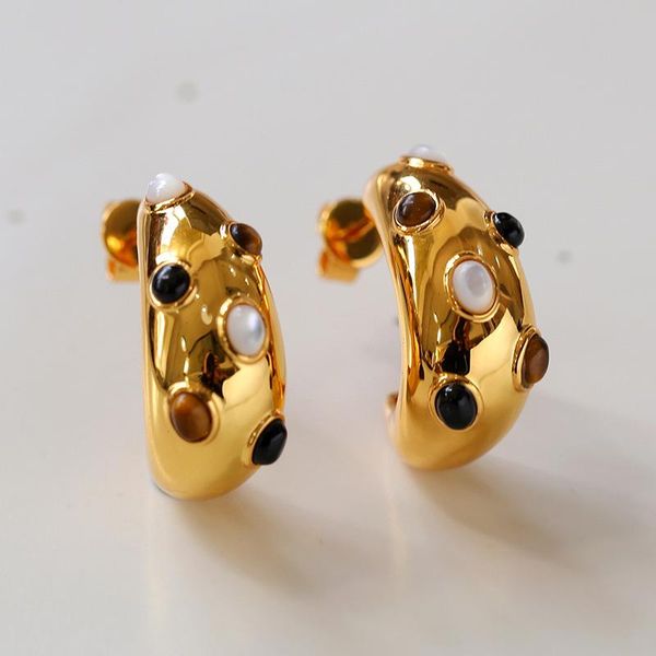 

knot ins style simple tiger eye stone earrings female open ring tiger eye agate white motherofpearl hoop earrings female fashion, Silver