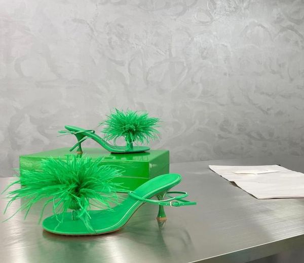 

2022 summer ostrich feather shuttlecock flat sandals real leather shoes with clear logo and seven colors of orange handbag size355074544, Black