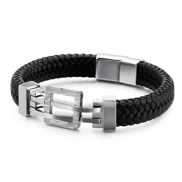 

bangle fashion men punk color black gold stainless steel bicycle hollow square magnetic buckle weave leather bracelets jewelry
