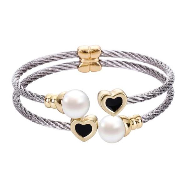 

chran silver plated round shell pearl wrist bracelets for women unique 2 rows stainless steel cable bangle1052715, Black