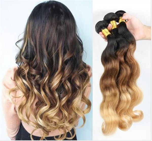 

1b427 honey blonde malaysian human hair weaves body wave wavy malaysian 3bundles three tone colored ombre human hair wefts exten3688256, Black