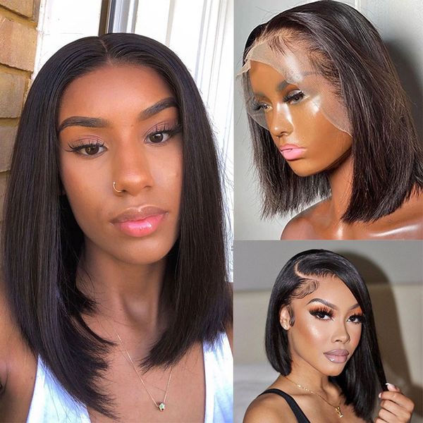 

short bob wig lace front human hair wigs for women bone straight lace front wig 4x4 brazilian hair lace frontal wigs, Black;brown