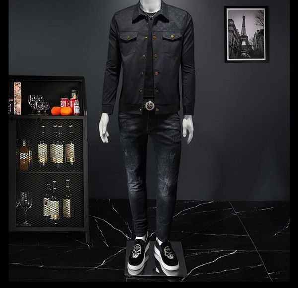 

trendy men's jacket, high-end fashion, spring popular lapel jacquard jacket, temperament, casual and versatile european version jacket, Black;brown