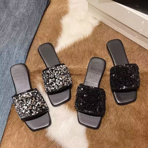 

summer slippers fashion sequin outdoor comfortable casual personality beautiful shopping play flat sandals, Black