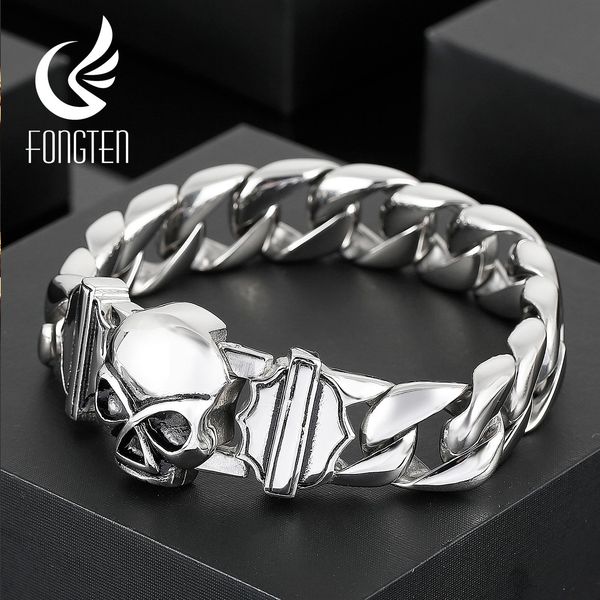 

bangle fongten men skull polished stainless steel jewelry carving shiny design fashion darkness retro punk bracelet handicraft style, Black