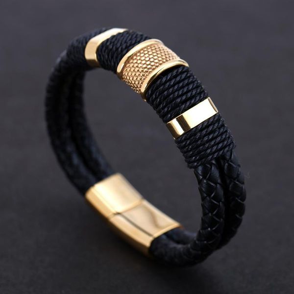 

bangle leather bracelet men homme multilayer gold color magnet buckle mens bracelets 2019 punk jewelry stainless steel bangle, Black