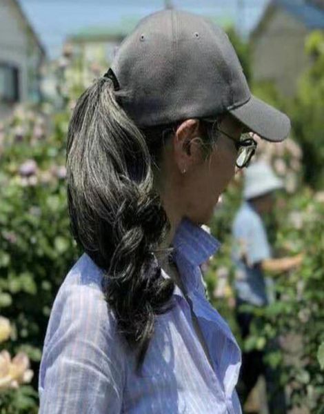 

new arrive brazilian human virgin remy wavy curly ponytail hair extensions clip ins natral salt and pepper gray hair 100g 140g on9101524, Black