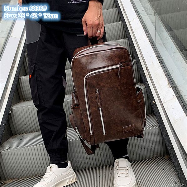 

wholesale men shoulder bags 2 colors college wind solid color leather student bag outdoor waterproof leisure travel backpack simple double z