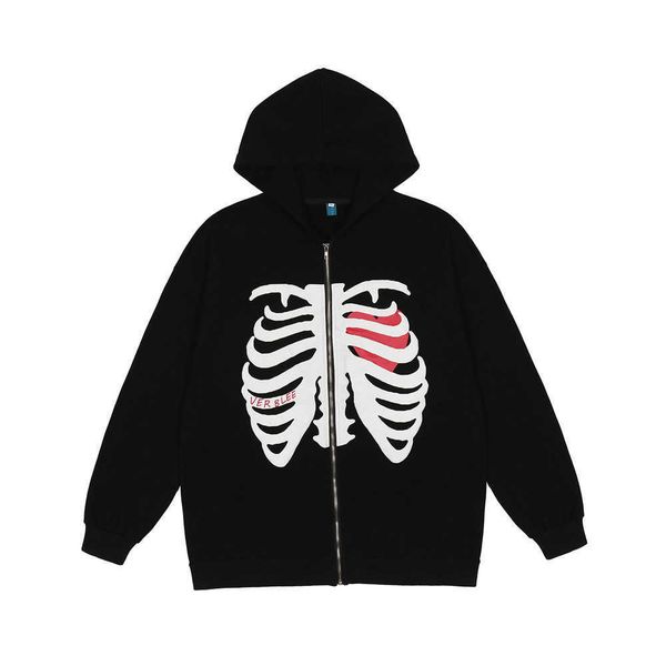 

dark wind skeleton printing zipper coat men's street fashion loose cardigan hooded sweater, Black