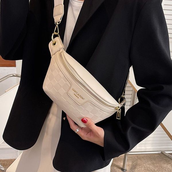 

chest bag women designers elegant plaid pu leather waist bags for womens waist packs stylish fanny pack wide strap crossbody v0523