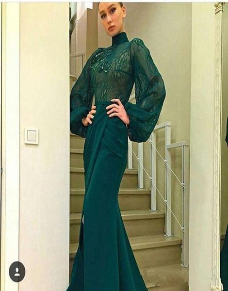 

new high neck sheath evening dresses long sleeves illusion lace mermaid front split dubai arabic formal evening gowns prom party d1032787, Black;red