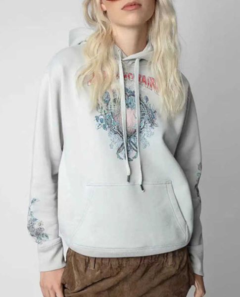 

23ss zadig voltaire designer sweatshirt fashion new little popular love skull flower pullover jumper white ink digital printing fleece women, Black
