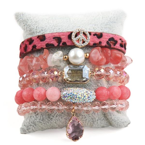 

bangle rh fashion designer beaded bracelet sets leather peace charm 5pc stack bracelets set for women jewelry gift, Black