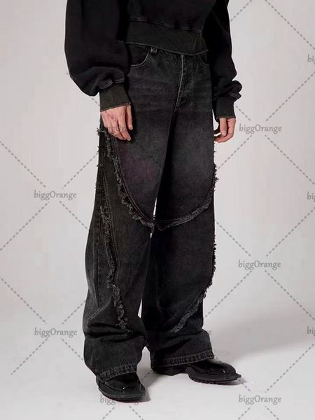 

men's jeans american y2k street punk black rock retro high waist oversized jeans men's raw edge washed straight wide leg pants for, Blue