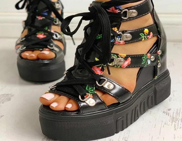 

sandals women flower print leisure wedges high heels women039s shoes 2021 summer platform lace up casual ladies sandalias mujer8814790, Black