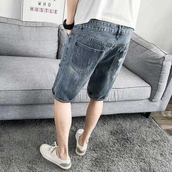 

men's jeans mens summer knee length denim shorts hole ripped casual streetwear loose fit cowboy bermuda straight trousers, Blue