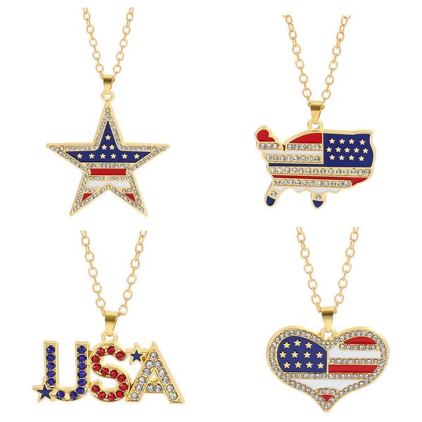 

pendant necklaces american flag necklace american love heart pentagon american flag necklace all ice rhinestone men's hip hop stone pen, Silver
