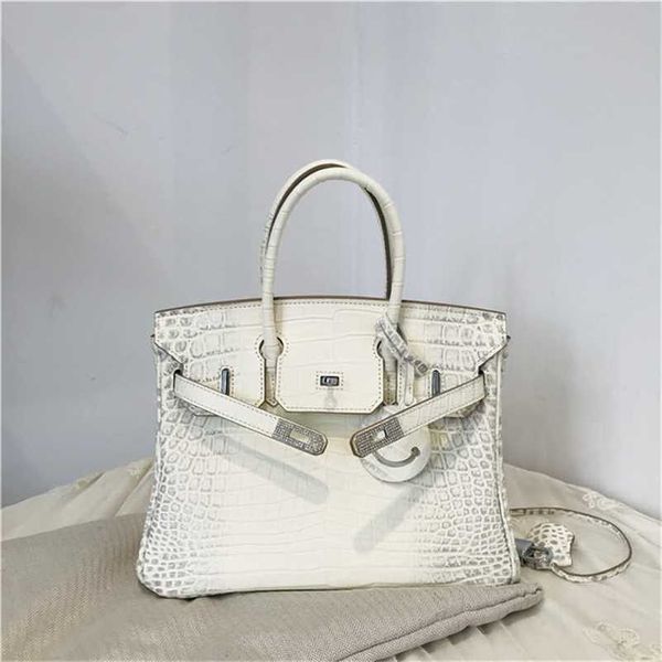 

10a h erme s leather birkins bag tote 2023 leisure women's crocodile grain cow single shoulder messenger handbag himalayan white inlaid