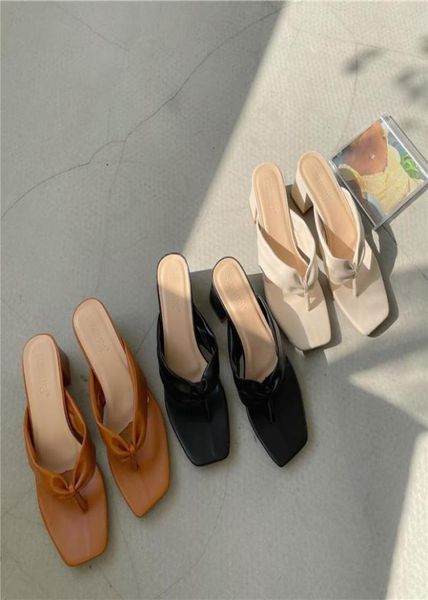 

shoes woman 2021 square toe slippers summer heeled mules pantofle rubber flip flops luxury slides med high hawaiian block2899367, Black