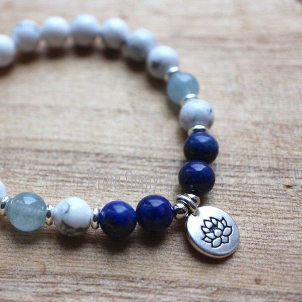 

bangle wmb37216 howlite lapis lazuli aquamarine mala bracelet healing crystals creativity communication anxiety stress relief 21 beads, Black
