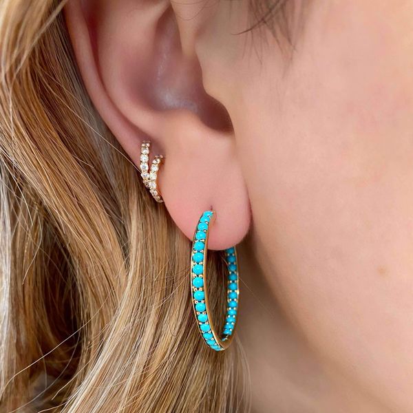 

huggie gold color fashion classic women jewelry prong set blue turquoises stone huggie hoop earring 30mm, Golden;silver