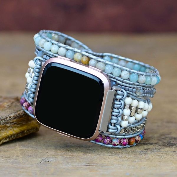 

bangle selling item fashion natural stones fitbit watch strap emperor stone wrap watch band handmade boho fitbit strap wholesale, Black