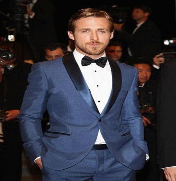 

new custom made one button blue groom tuxedos shawl satin lapel man groomsmen men wedding suits bridegroom jacketpantsbow 7383237, Black;gray